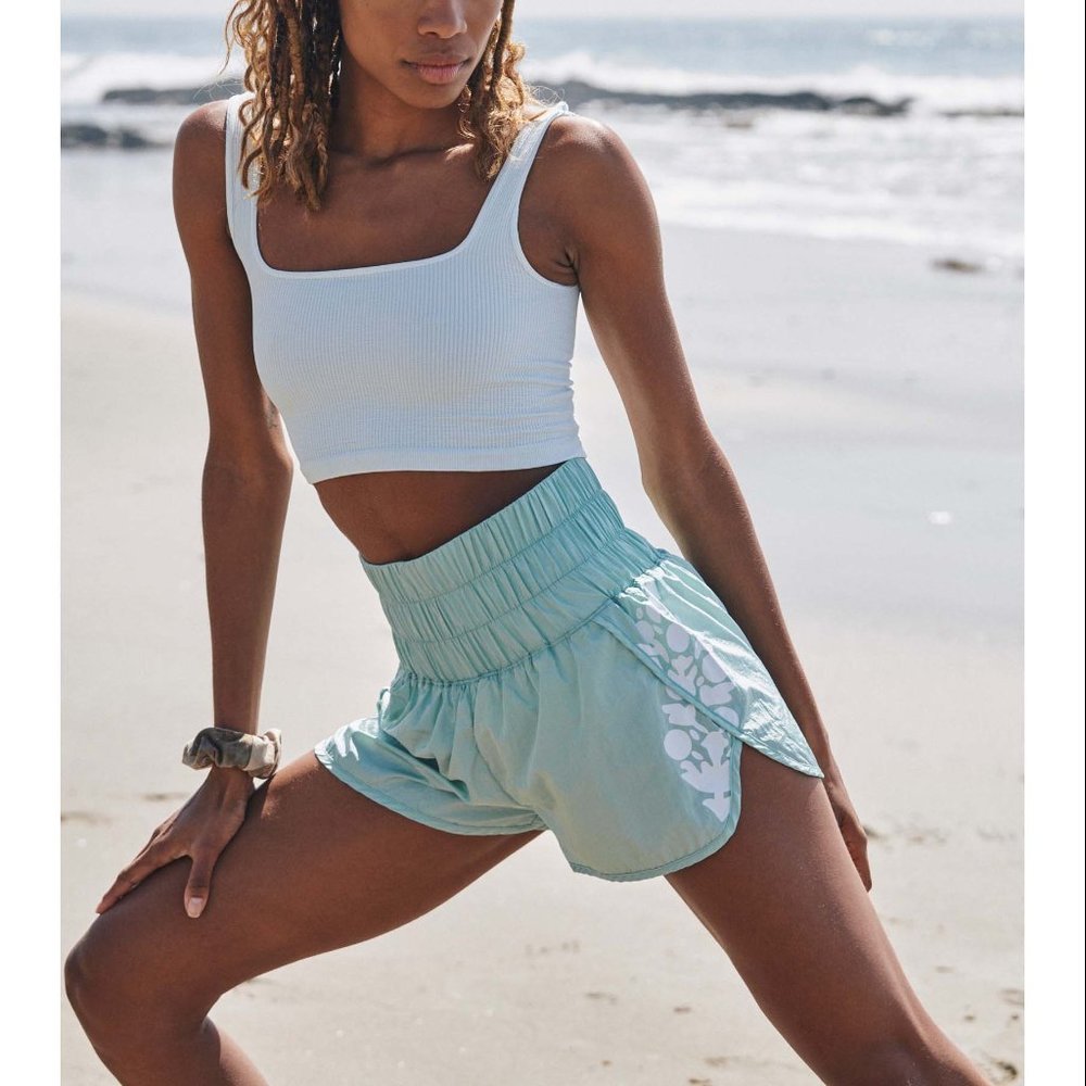 Free People Light Aqua Athletic Shorts with White Floral Trim